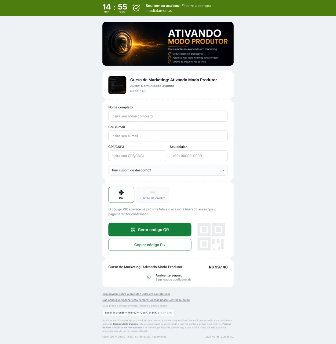 Print do checkout com PIX e valor visível